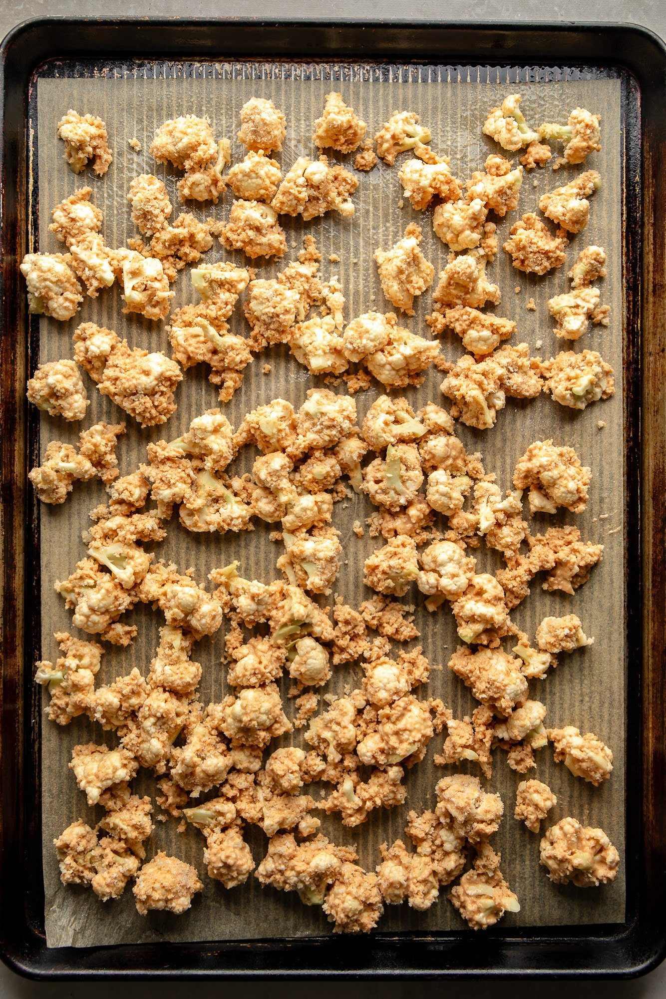 Cauliflor in a baking sheet.