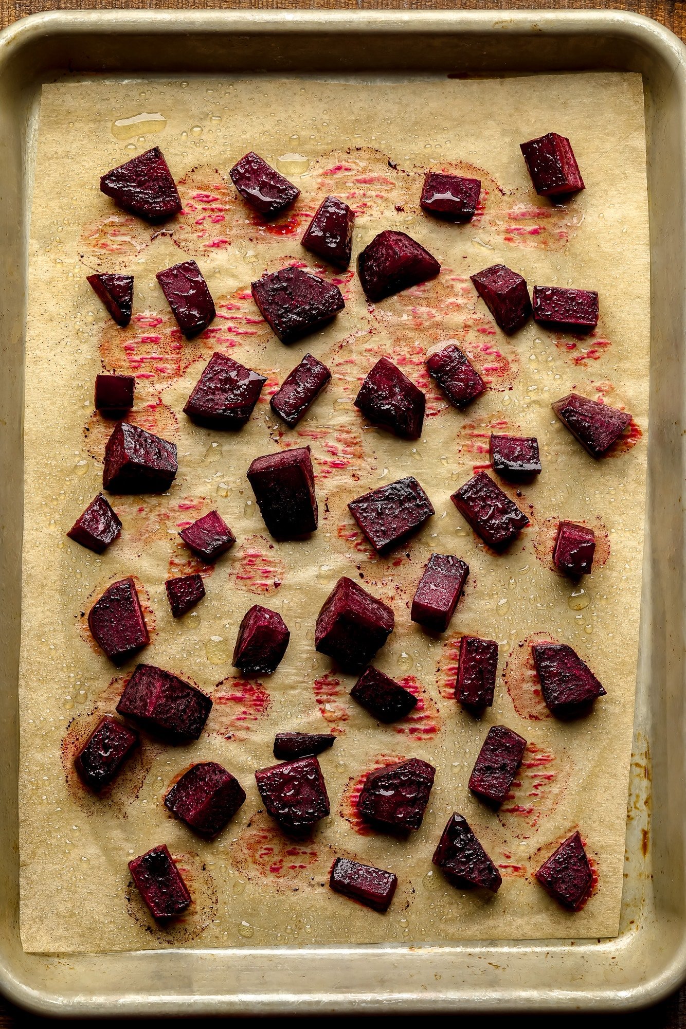 Roasted reds chopped on a baking sheet.